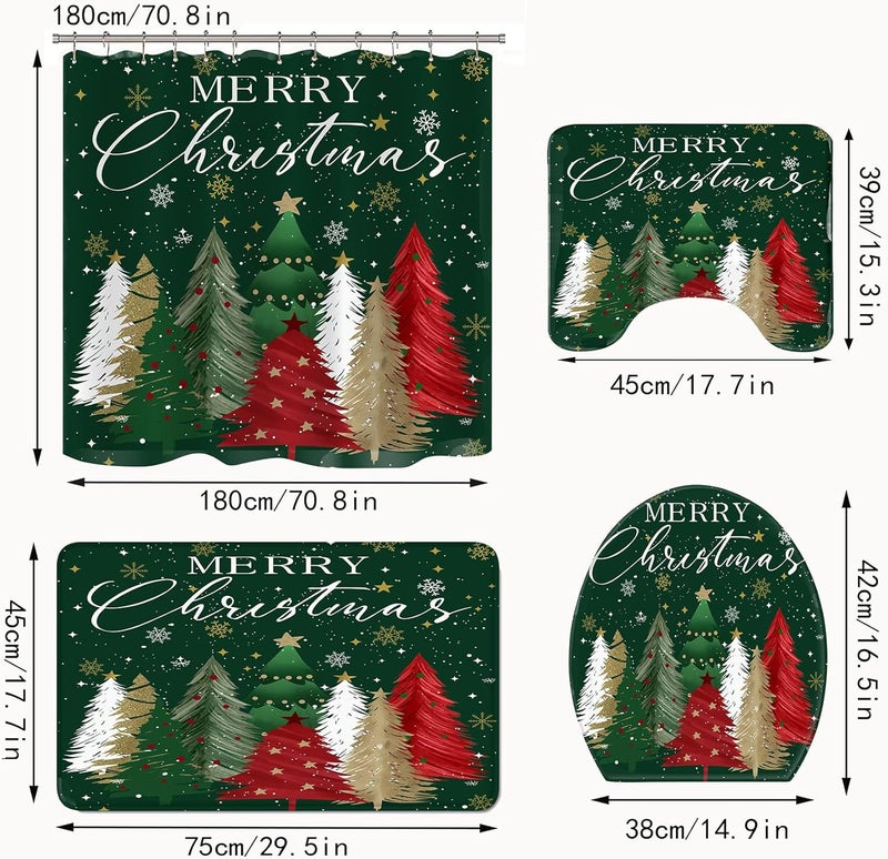 Apear1 4Pcs Merry Christmas Shower Curtain Set Xmas Tree Snowflake Shower Curtain for Christmas Bathroom Decor with Anti-Slip Waterproof Bathtub Bathroom Rugs Toilet Lid (Green) - Image 2